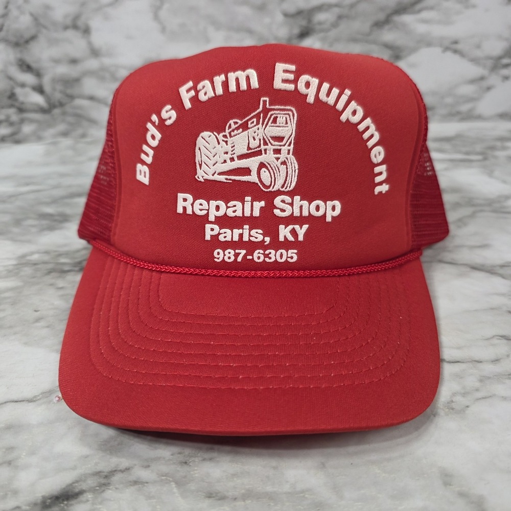 Vintage Buds Farm Equipment Paris, Ky Red Mesh Trucker Snapback Hat